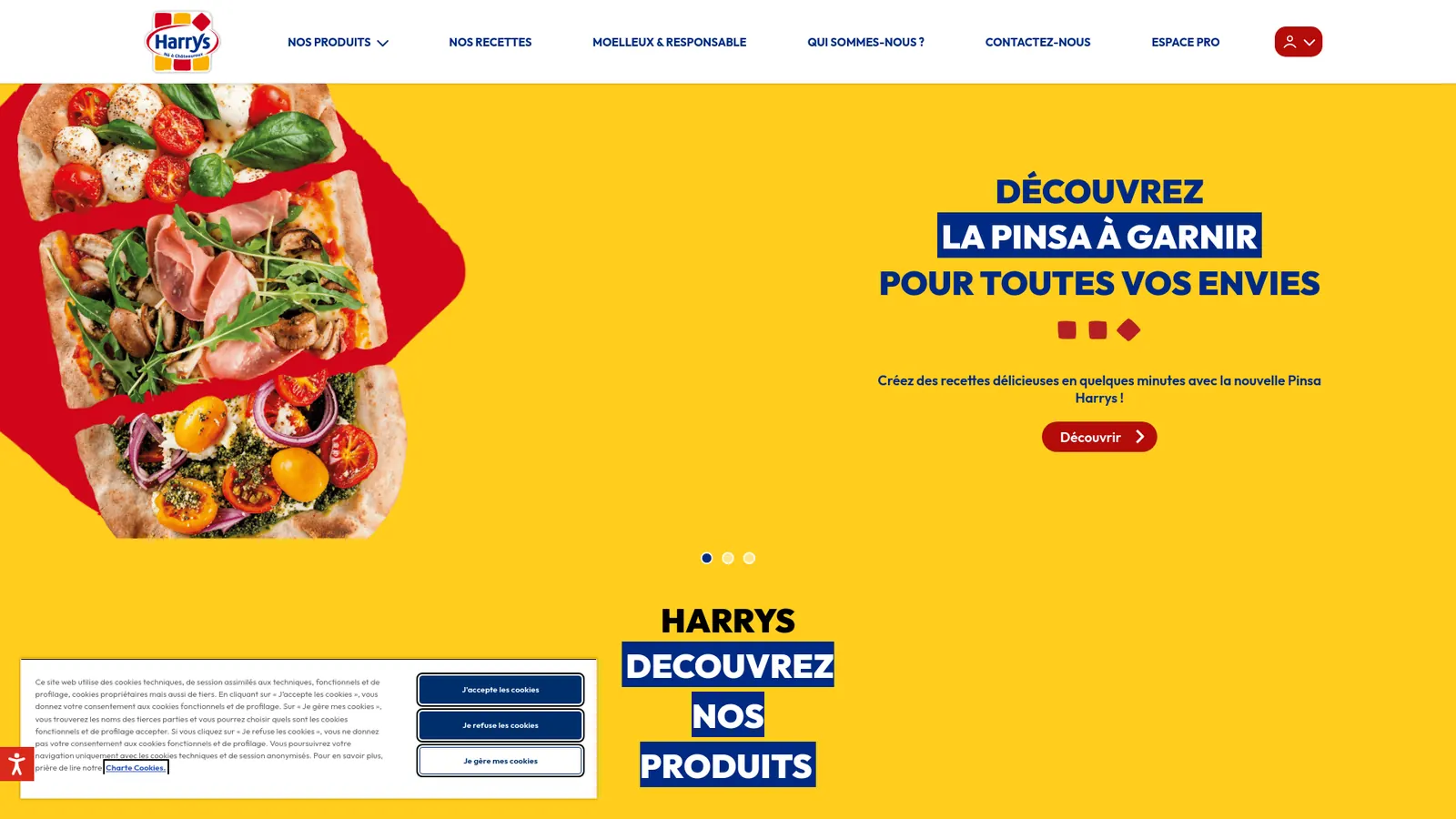 Page d’accueil du site Harrys, mise en avant de la pinsa à garnir