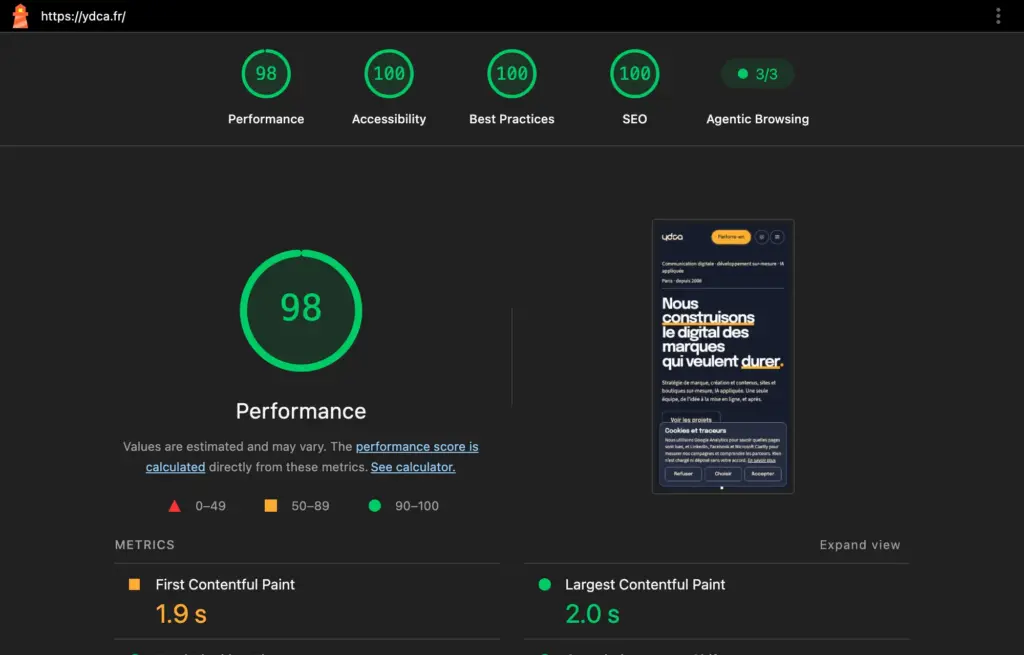 Rapport Lighthouse de la page d’accueil d’ydca.fr sur mobile : 98 en performance, 100 en accessibilité, en bonnes pratiques et en SEO