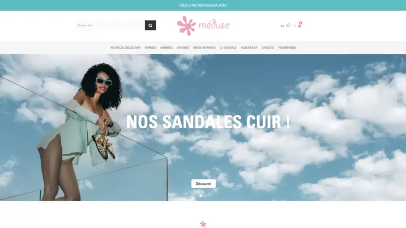 Page d’accueil du site Méduse, bannière « Nos sandales cuir »